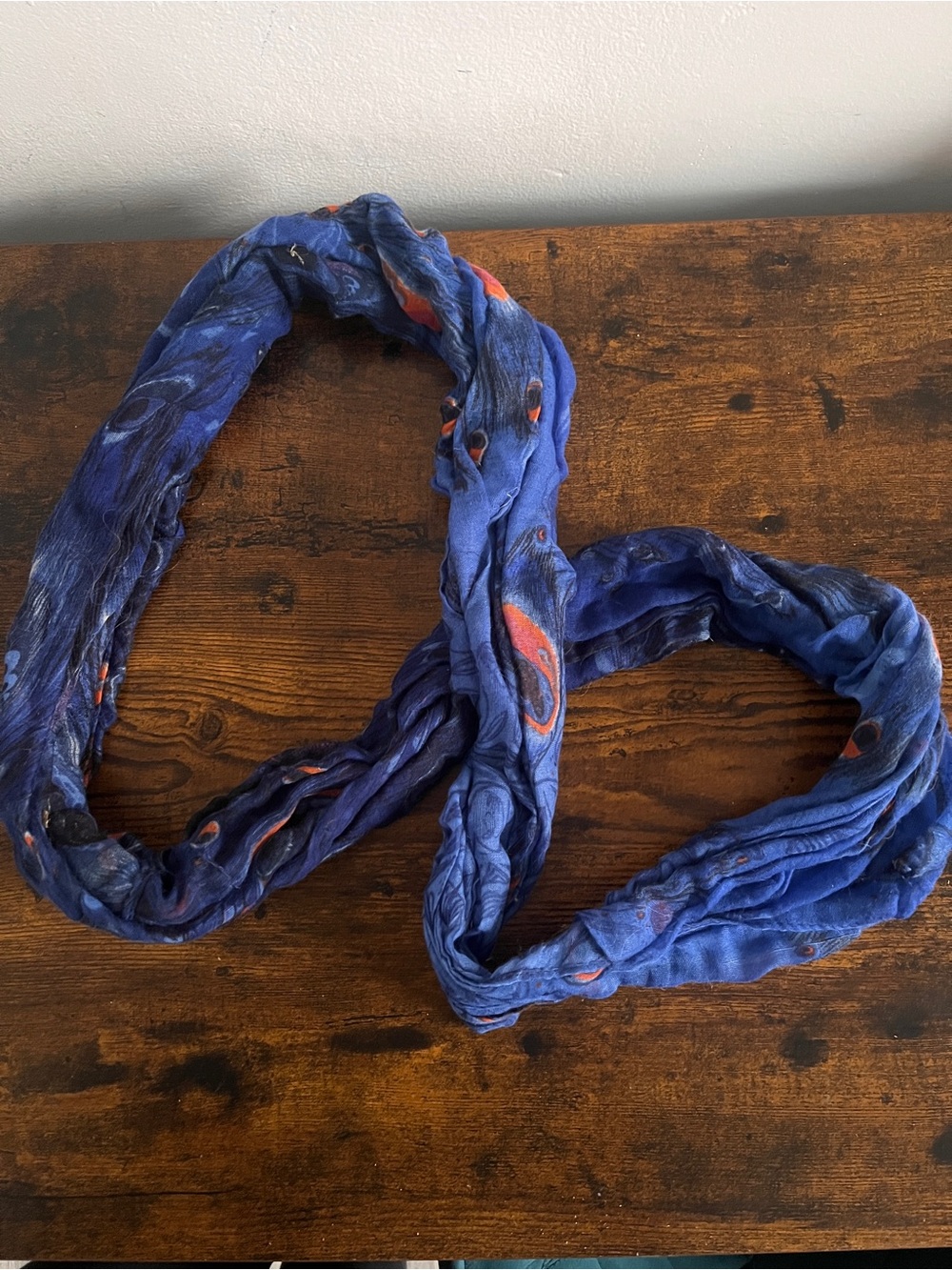 Blue Infinity Scarf with Orange Peacock Feather Design Accents